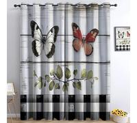 100% Blackout Curtains Country-Style Checkered Butterfly Wood Planks, Microfiber Blackout Fabric Eyelet Window Drapes 2 Panels, for Bedroom Living Room Home Decor, Black And White, 29.5 x 65 Inch