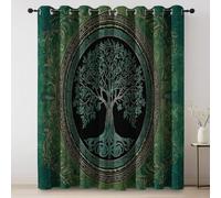 100% Blackout Curtains Tradition Printed Curtain - Green Thermal Insulated Grommet Window Drapes with Simplicity The Tree Of Life Pattern, Noise Reducing Privacy Curtains W 46" x L 90" (2 Panels)