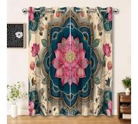 100% Blackout Curtains W46 x L54 Inch, Exotic Lands Lotus Flowers Mandalas Pink Green Window Drapes with Thermal Insulated Liner, Room Darkening Eyelet Curtains for Bedroom & Living Room, 2 Panels Set