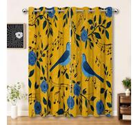 100% Blackout Curtains W46 x L72 Inch, Eastern Plants Birds Musical Notes Yellow Window Drapes with Thermal Insulated Liner, Room Darkening Eyelet Curtains for Bedroom & Living Room, 2 Panels Set