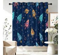 100% Blackout Curtains W46 x L72 Inch, Universe Cartoon Rocket Star Blue Window Drapes with Thermal Insulated Liner, Room Darkening Eyelet Curtains for Bedroom & Living Room, 2 Panels Set