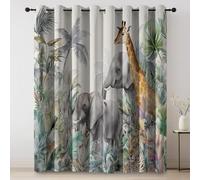 100% Blackout Curtains Watercolor Printed Curtain - Light Color Thermal Insulated Grommet Window Drapes with Jungle Animals Pattern, Noise Reducing Privacy Curtains W 66" x L 72" (2 Panels)