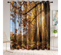 100% Blackout Eyelet Curtains for Bedroom, Autumn Forest Maple Leaves Branches Sunlight Printed Thermal Sound Curtains, 46 x 72 Inch Natural Landscape Living Room Decor Window Drapes 2 Panels, Yellow