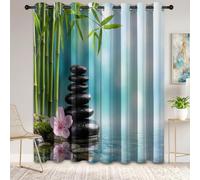 100% Blackout Eyelet Curtains for Bedroom, Bamboo Flowers Cherry Blossoms Pebbles Water Surface Thermal Sound Curtains, 46 x 72 Inch Natural Casual Style Living Room Decor Window Drapes 2 Panels, Blue