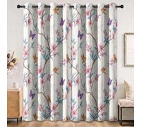 100% Blackout Eyelet Curtains for Bedroom, Flowers Lily Peach Blossom Branches Butterfly Bird Thermal Sound Curtains, 29.5 x 65 Inch Chinese Style Nature Living Room Window Drapes 2 Panels, Colorful