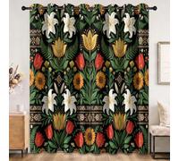 100% Blackout Eyelet Curtains for Bedroom, Lilies Tulips Sunflowers Geometric Diamonds Printed Thermal Sound Curtains, 29.5 x 65 Inch Vintage Nature Living Room Decor Window Drapes 2 Panels, Colorful
