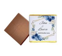 100 Blue Floral Theme Personalised Chocolate Wedding Favours (Milk)