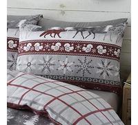 100% Brushed Cotton Nordic Scandi Hygge Winter Warm Burgundy Check Reversible Pair Of Pillow Cases