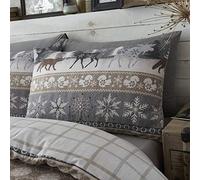 100% Brushed Cotton Nordic Scandi Hygge Winter Warm Taupe Check Reversible Pair Of Pillow Cases