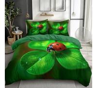 100% Brushed Microfiber Cot-bed Duvet Cover, Breathable Anti-pilling No fading Reversible Modern Photography Four-Leaf Clover Ladybug Printed Quilt Cover Set - Dark Green 120 x 150 cm Bedding Set