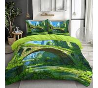 100% Brushed Microfiber Double Duvet Cover, Breathable Anti-pilling No fading Reversible Fantasy Modern City Bridge Printed Quilt Cover Set - Green 200 x 200 cm Bedding Set