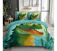 100% Brushed Microfiber King Duvet Cover, Breathable Anti-pilling No fading Reversible Cartoon Cute Animal Crocodile Printed Quilt Cover Set - Blue 230 x 220 cm Bedding Set