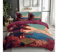 100% Brushed Microfiber King Duvet Cover, Breathable Anti-pilling No fading Reversible Japanese Elements Pagoda Mount Fuji Flowers Printed Quilt Cover Set - Purple 230 x 220 cm Bedding Set