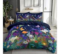 100% Brushed Microfiber Super King Duvet Cover, Reversible Fantasy Colorful Moonlight Insect Flower Printed Duvet Quilt Cover Set, Dark Blue Breathable Anti-wrinkle Luxury Bedding Set - 260 x 220 cm