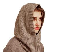 100% Cashmere Hood Scarf, Women Men Winter Warm Knitted Hooded Hat Scarves Headscarf Neckwarmer, Stylish Cashmere Knit Hood Loop Scarf Earflap Cap for Outdoor Sports, Unisex Gift Camel