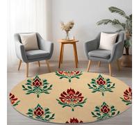100 cm Round Area Rugs Living Room, Thai Style Plants Flowers Soft Fluffy Carpet Mat for Bedroom Circle Area Carpet Cream, Non Slip Washable Floor Rug for Kitchen Floor Mat Home