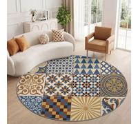 100 cm Vintage Bohemian Soft Washable Round Blue Area Rug Home | Low Pile Geometric Floral Triangles Squares Tiles Rubber Backing Rug, Stain Fade Resistant Floor Carpet Bedroom Living Room