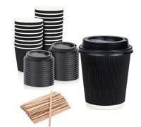 100 Coffee Cups to Go with Lids [10oz, 295ml, 100 Set] Black Ripple Insulated Paper Cups for Serving Tea, Coffee: 100 Takeaway Cups, NO LEAKS or Sleeves