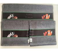 100% Cotton 3 Pack Forest Friends Design Kitchen Hand Tea Towels in Charcoal Grey 56cm x 65cm Riggs