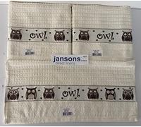 100% Cotton 3 Pack Owl Design Kitchen Hand Tea Towels in Cream Riggs