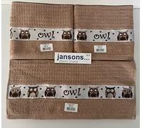 100% Cotton 3 Pack Owl Design Kitchen Hand Tea Towels in Latte Riggs