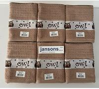 100% Cotton 6 Pack Owl Design Kitchen Hand Tea Towels in Latte Riggs