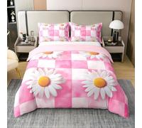 100% Cotton 70s Daisy King Duvet Cover 3 Pcs 3D White Daisy Flowers Bedding Set for Kids Girls Teens Watercolor Pink Tie Dye Plaid Rustic Comforter Cover,2 Pillowcases,No Comforter