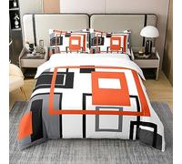 100% Cotton Black White Grey Orange Comforter Cover King Geometric Square Duvet Cover for Kids Adults Geometry Striped Bedding Set Modern Abstract Lines Grids Quilt Cover 2 Pillow Cases Room Decor