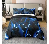 100% Cotton Blue Honeycomb Geometric Comforter Cover,Geomeric Stripes Bedding Set,Ombre Neon Lights Geometry Quilt Cover with 1 Pillow Case,Modern Abstrzct Wavy Single Duvet Cover Reversible Comfy