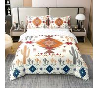 100% Cotton Bohemian Style King Duvet Cover 3 Pcs Retro Brown Orange Red Aztec Grid Bedding Set for Kids Teens Adults Sketch Cactus Southwestern Style Comforter Cover,2 Pillowcases,No Comforter