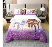 100% Cotton Couple Horse Duvet Cover Single 2 Pcs Botanical Garden Butterfly Purple Lavender Bedding Set for Kids Teens Adults Romantic Style Wild Animals Quilt Cover,1 Pillowcase(No Comforter)