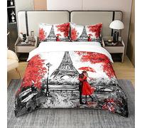100% Cotton Eiffel Tower Duvet Cover Super King,Valentine'S Day Romantic Theme Comforter Cover,Paris France Red Maple Leaf Autumn Quilt Cover,Couple Grey Illustration Soft Bedding Set Decorative