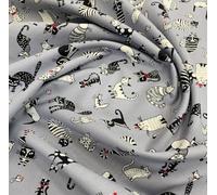 100% Cotton Fabric - Cute Cats Crazy Cat Print on Grey - Craft Fabric Material Metre