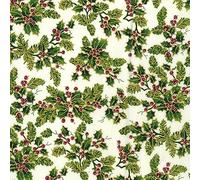 100% Cotton Fabric Rose & Hubble Christmas Vintage Holly Berries 135cm Wide (Price Per Metre) (Cream)