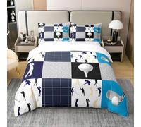100% Cotton Golf Bedding Set Double,Sports Themed Duvet Cover for Kids Teens,Golf Sports Print Comforter Cover,Blue White Black Grey Patchwork Geometric Bed Sets With 2 Pillowcases Comfy
