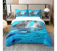 100% Cotton Kid Dolphin Bedding Set,Cute Dolphin Duvet Cover,Marine Life Comforter Cover,Blue Wave Decor Lightweight Soft Polyester Quilt Cover 1 Duvet Cover with 1 Pillow Case Single