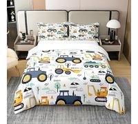 100% Cotton Kids Construction Bedding Sets for Boys,Cartoon Car Excavator Tractor Comforter Cover King,Cute Equipment Trucks Duvet Cover for Toddler Teen Room Decor Yellow Blue Vehicle Quilt Cover