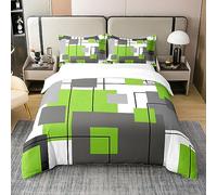 100% Cotton Lime Green Gray Geometric Bedding Set Double Black Grey White Square Duvet Cover for Kids Boys Girls Abstract Striped Comforter Cover Simple Lines Modern Bed Set 2 Pillow Cases