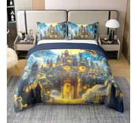 100% Cotton Magic Castle Duvet Cover Yellow Moon Blue Galaxy Sky Bedding Set for Kids Teens Adults Exotic Myth Birds Animal Mysterious Quilt Cover,1 Pillowcase(No Comforter) Single 2 Pcs