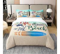 100% Cotton Nautical Ocean Themed Duvet Cover King,Summer Beach Bedding Set for Youth,Surfboard Sea Turtle Starfish Seagull Comforter Cover,Tropical Sealife Bed Sets with 2 Pillowcases Camping Decor
