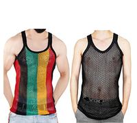 100% Cotton Rasta String Vest Mesh Fishnet Fitted Striped Black Red Green Yellow Colours (2 Pack (1 Rasta Stripes, 1 Plain Black), XL)