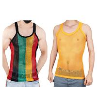 100% Cotton Rasta String Vest Mesh Fishnet Fitted Striped Black Red Green Yellow Colours (2 Pack (1 Rasta Stripes, 1 Plain Yellow), L)