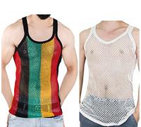 100% Cotton Rasta String Vest Mesh Fishnet Fitted Striped Black Red Green Yellow Colours (2 Pack (1 Rasta Stripes, 1 Plain White), S)