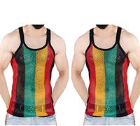 100% Cotton Rasta String Vest Mesh Fishnet Fitted Striped Black Red Green Yellow Colours (2 Pack (Red Green Yellow Black Stripes), XL)