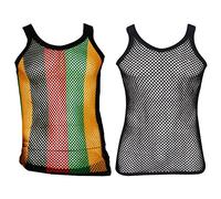 100% Cotton Rasta String Vest Mesh Fishnet Fitted Striped Black Red Green Yellow Colours (Medium, 2 Pack (1 Rasta Stripes, 1 Plain Black))