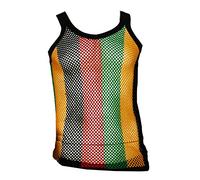 100% Cotton Rasta String Vest Mesh Fishnet Fitted Striped Black Red Green Yellow Colours, X-Large