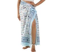 100% Cotton Sarong Coverup for Women Indian Hand Block Print Swimsuit Pareo Wrap Skirt Beach Bikini Cover Up Long (73" x 43"), Blue Fish Pattern, One Size
