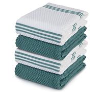 100% Cotton Terry Tea Towel - Blue Aqua Plain & Stripe Pattern, Pack of 4 | Kitchen Towel Set | Absorbent, Strong, Quick Dry & Machine Washable | Home & Bathroom Accessories