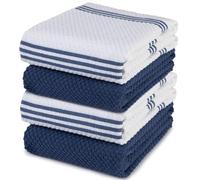 100% Cotton Terry Tea Towel - Blue Plain & Stripe Pattern, Pack of 4 | Kitchen Towel Set | Absorbent, Strong, Quick Dry & Machine Washable | Home & Bathroom Accessories