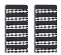 100% Cotton Terry Tea Towels Packs (Sets of 2, 3, 6, 12 or 15) Egyptian Mono Check Superdry Soft Professional Hotel Quality Kitchen Dish Cloth (Black, 15)